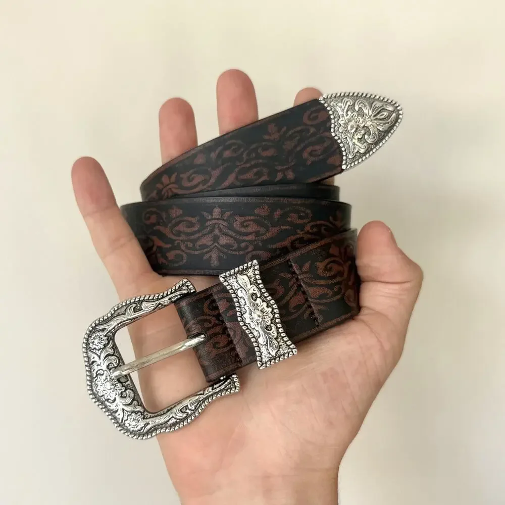 y2k style engraved brown american western design belt